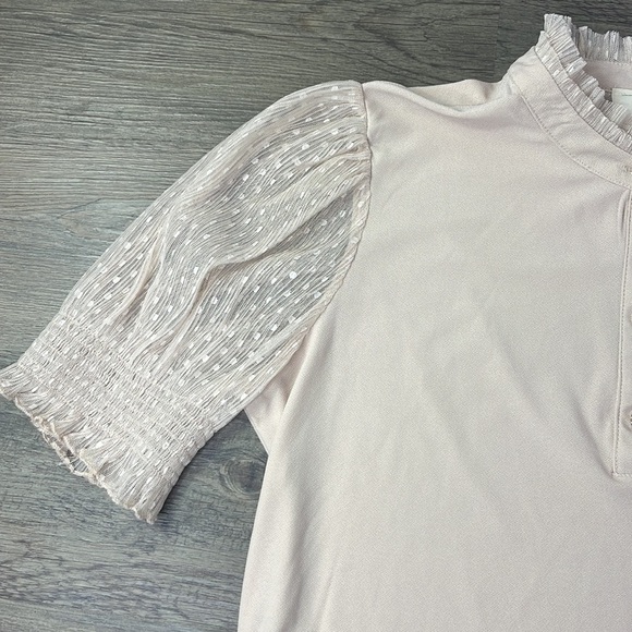 Flower & Feather Women’s Tan High Neck Short Sleeve Blouse with Lace Detail, Lrg - Picture 3 of 8